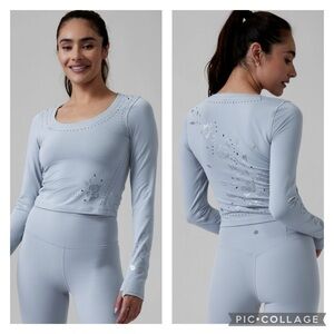 EUC Athleta Shanti Eyelet Long Sleeve Crop Top in Begonia Blue Star